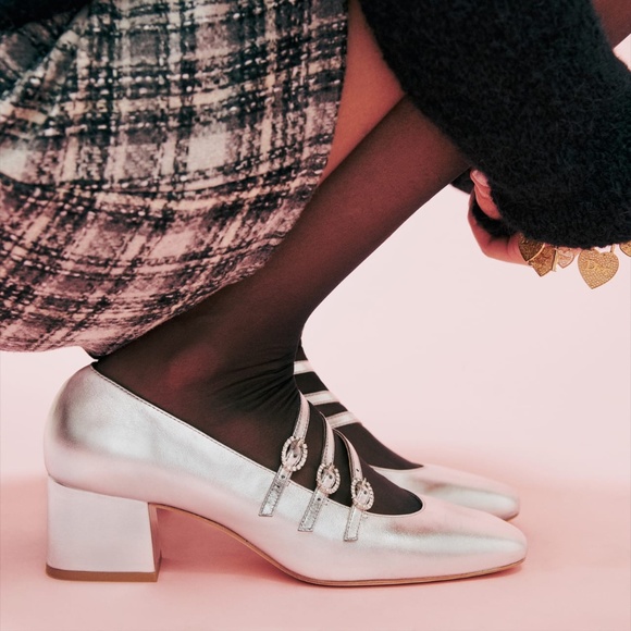Anthropologie Reformation Mimi Buckle Heels Silver Metallic Mary Janes 8.5 - Picture 2 of 5